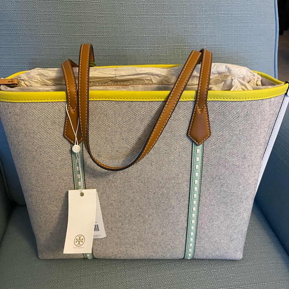 Tory Burch Gray Tote with Yellow and Brown Accents